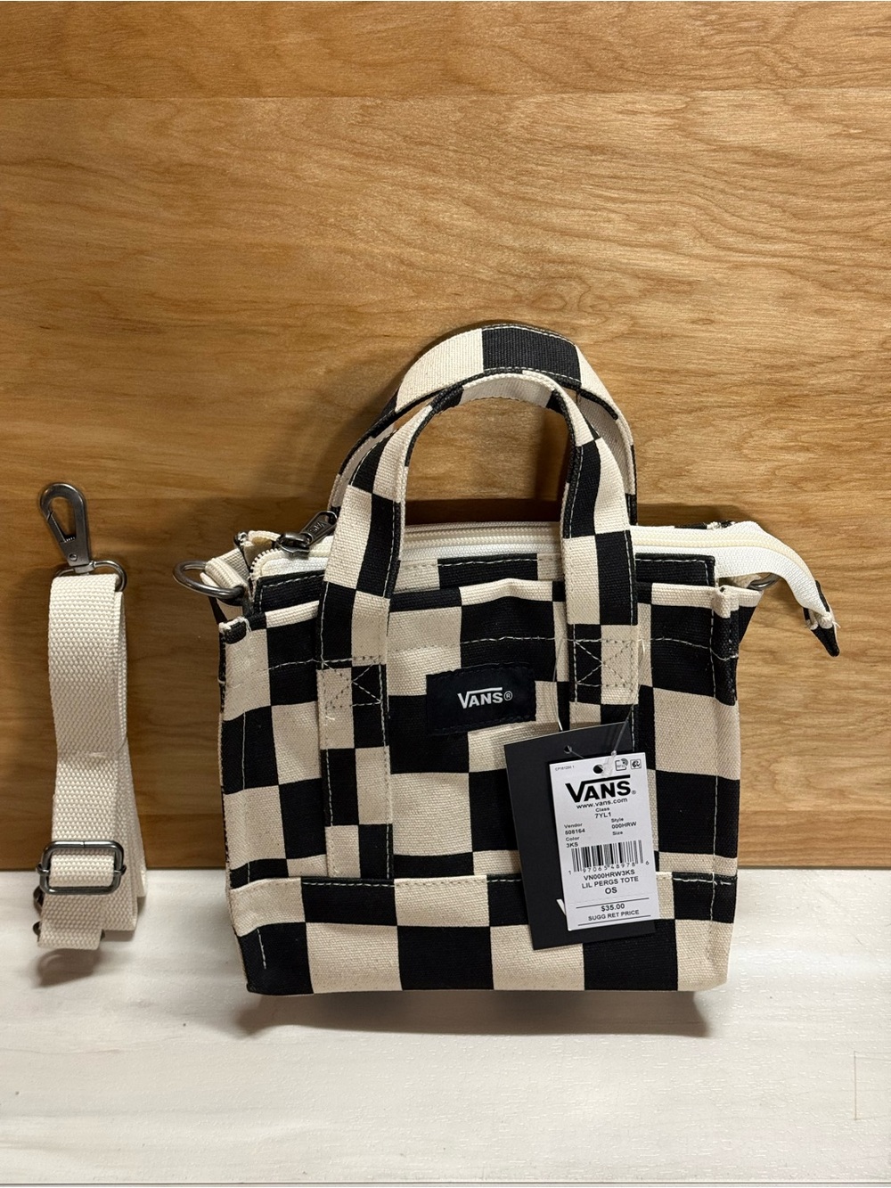 Vans Checkerboard Lil Pergs Tote Bag in Black & Cream checkers - Picture 3 of 3